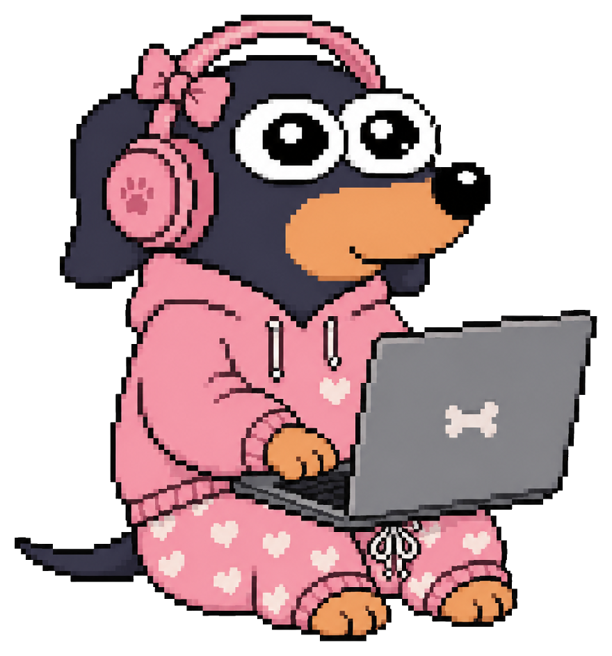 Morcilla, a pixel-art dachshund with glasses, pink heart pajamas and pink headphones, typing on a laptop with a bone logo: Karem’s inspiration and sidekick